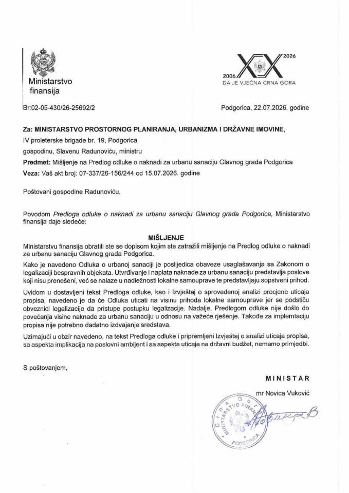 Mišljenje na Predlog odluke o naknadi za urbanu sanaciju Glavnog grada Podgorica