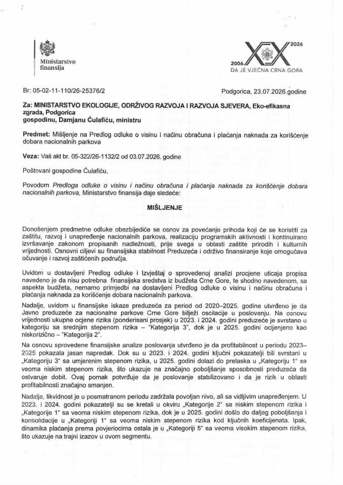 Mišljenje na Predlog odluke o visini i načinu obračuna plaćanja naknada za korišćenje dobara nacionalnih parkova