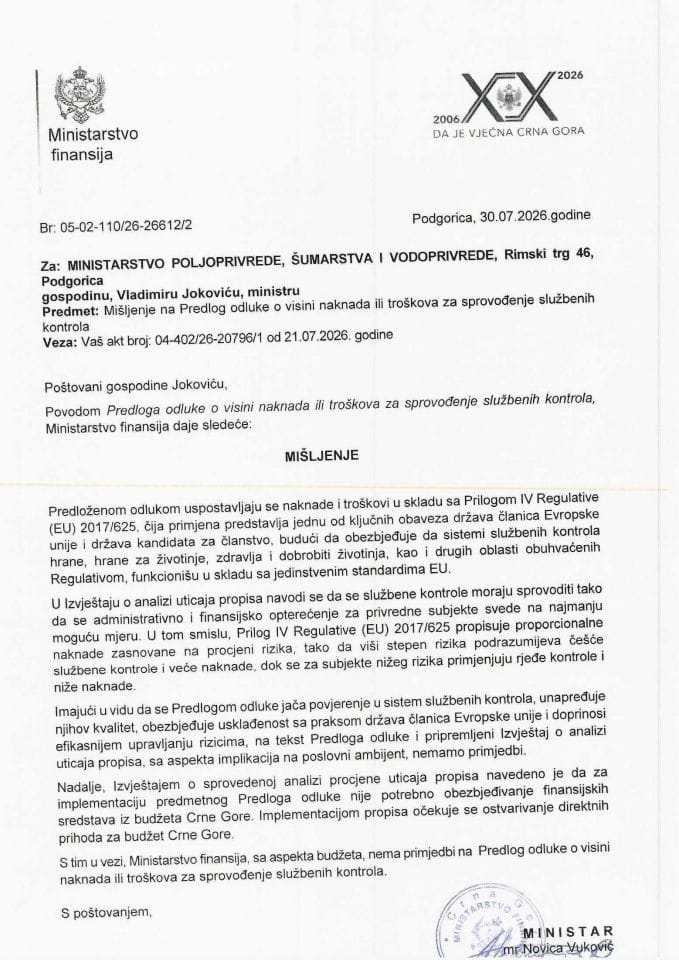 Mišljenje na Predlog odluke o visini naknada ili troškova za sprovođenje službenih kontrola