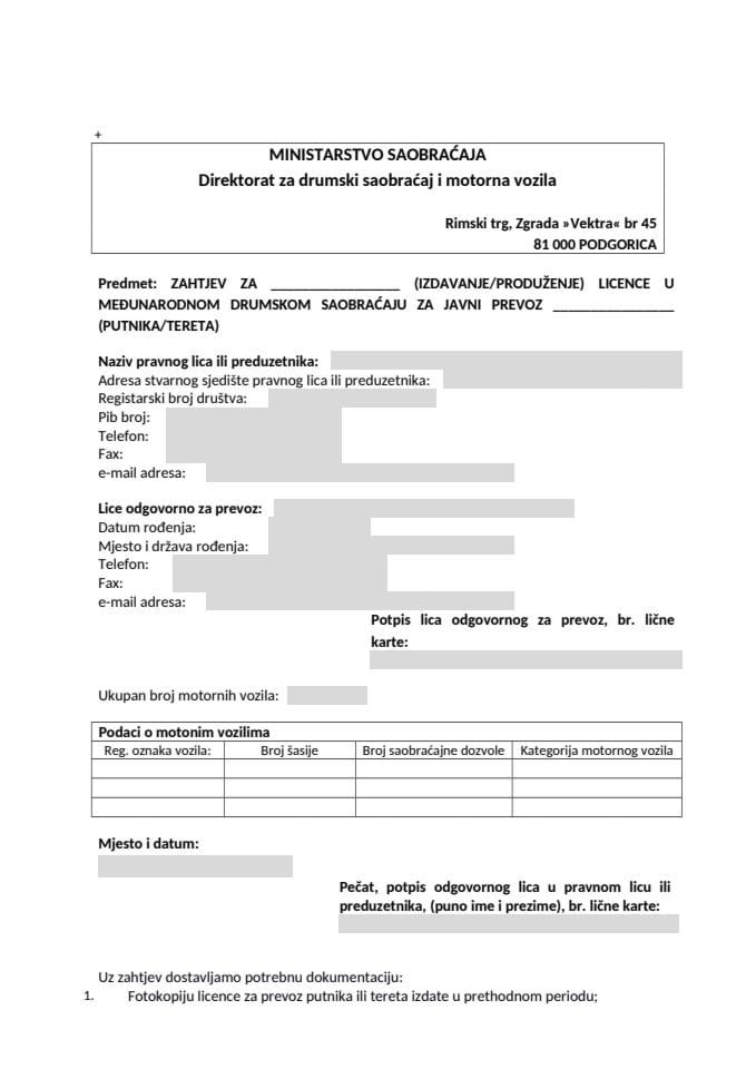 Zahtjev za izdavanje ili produženje licence u međunarodnom drumskom saobraćaju za javni prevoz