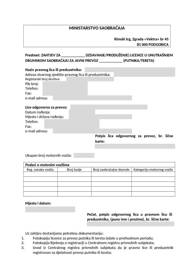 Zahtjev za izdavanje ili produženje licence u unutrašnjem drumskom saobraćaju za javni prevoz