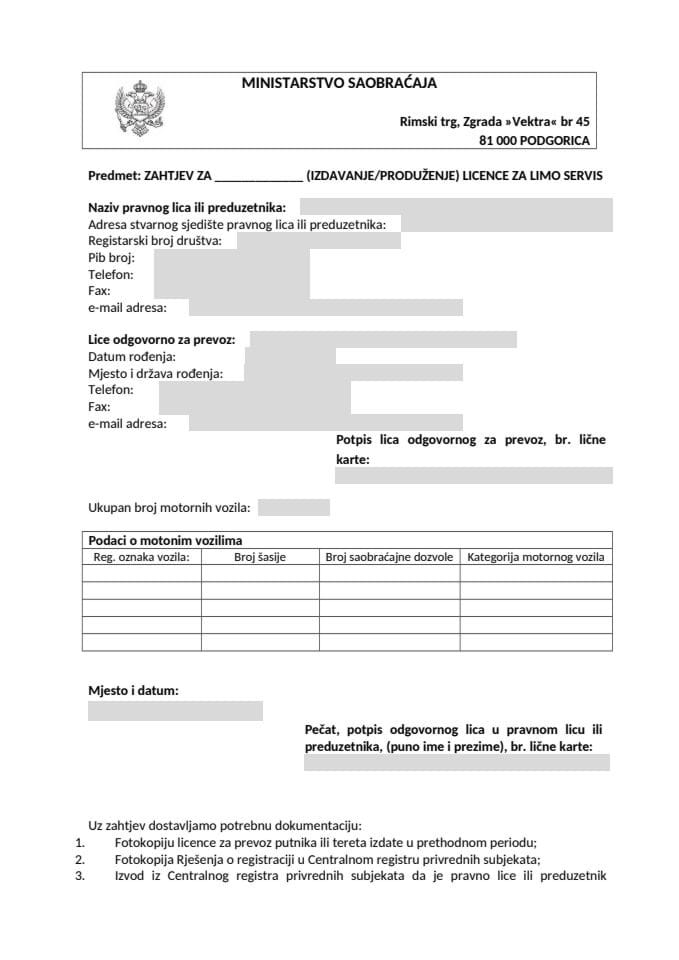 Zahtjev za izdavanje ili produženje licence za limo servis