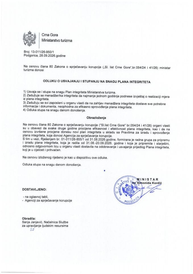 Plan integriteta Ministarstva turizma