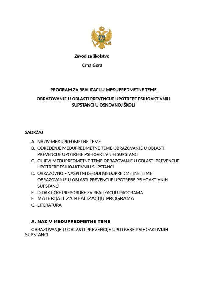 OBRAZOVANJE U OBLASTI PREVENCIJE UPOTREBE PSIHOAKTIVNIH SUPSTANCI U OSNOVNOJ ŠKOLI