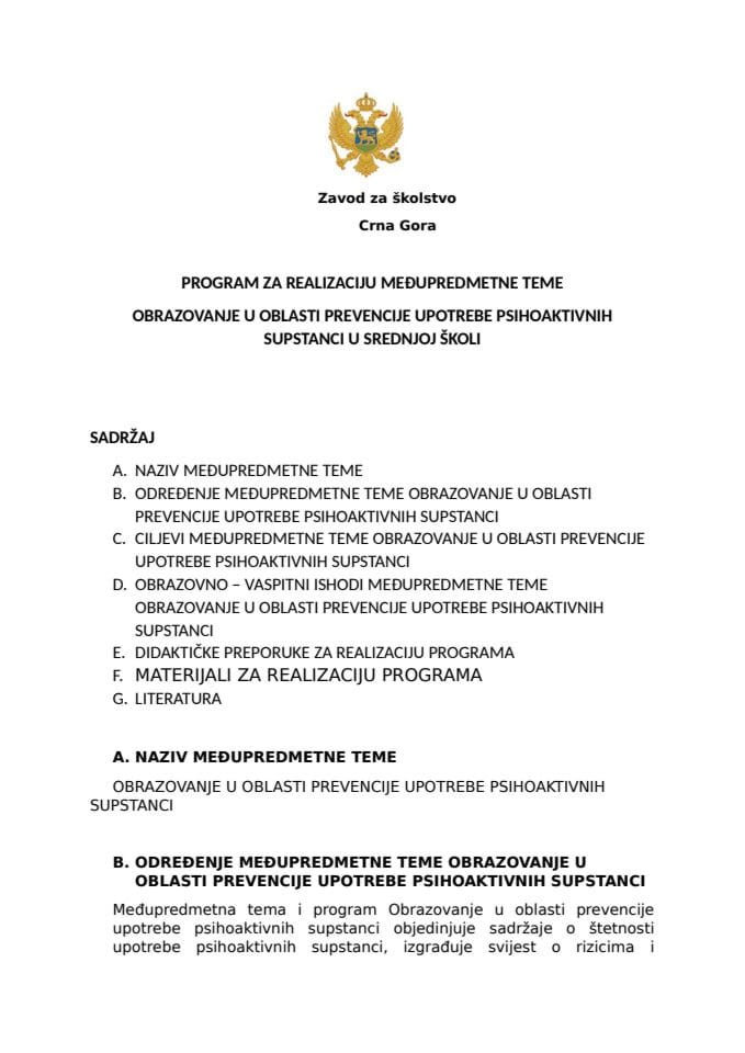 OBRAZOVANJE U OBLASTI PREVENCIJE UPOTREBE PSIHOAKTIVNIH SUPSTANCI U SREDNJOJ ŠKOLI