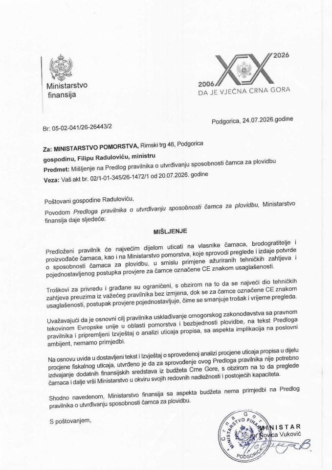 Mišljenje na Predlog pravilnika o utvrđivanja sposobnosi čamca za plovidbu