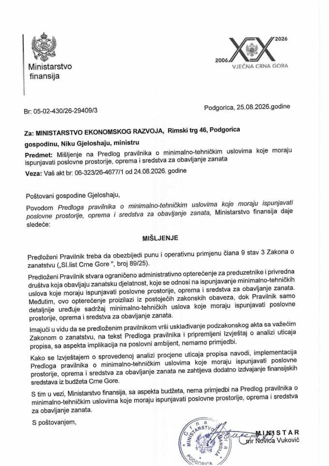 Mišljenje na Predlog pravilnika minimalno - tehničkim uslovima koje moraju ispunjavati poslovne prostorije, oprema i sredstva za obavljanje zanata