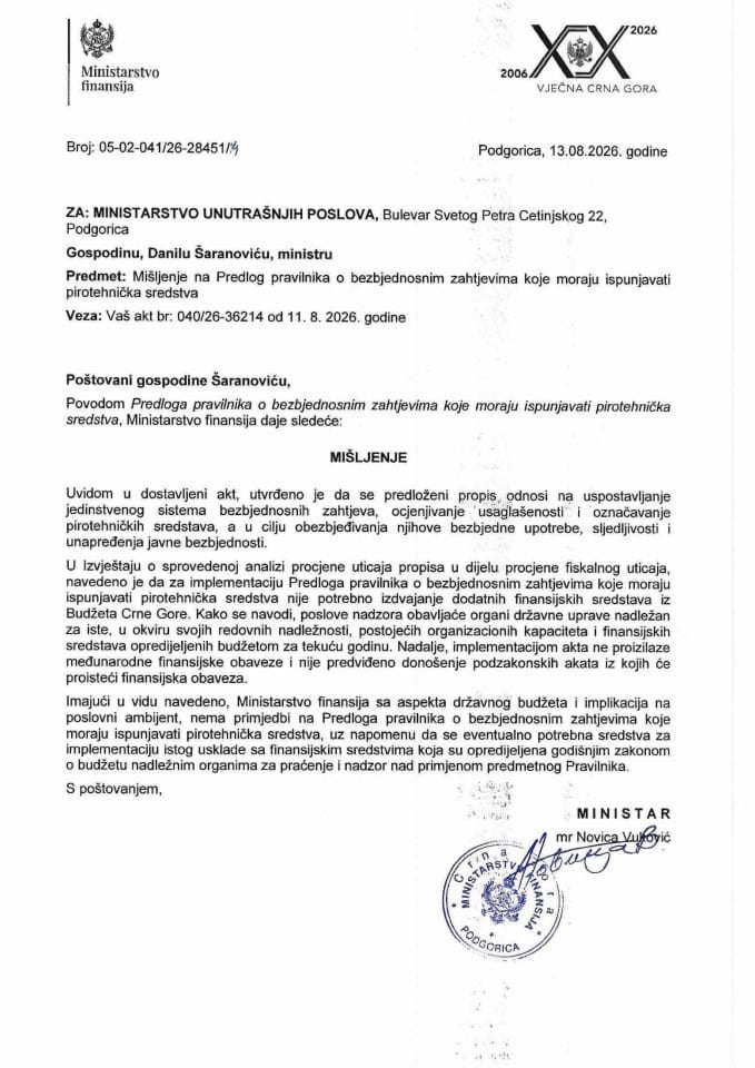 Mišljenje na Predlog pravilnika o bezbjednosnim zahtjevima koje moraju ispunjavati pirotehnička sredstva