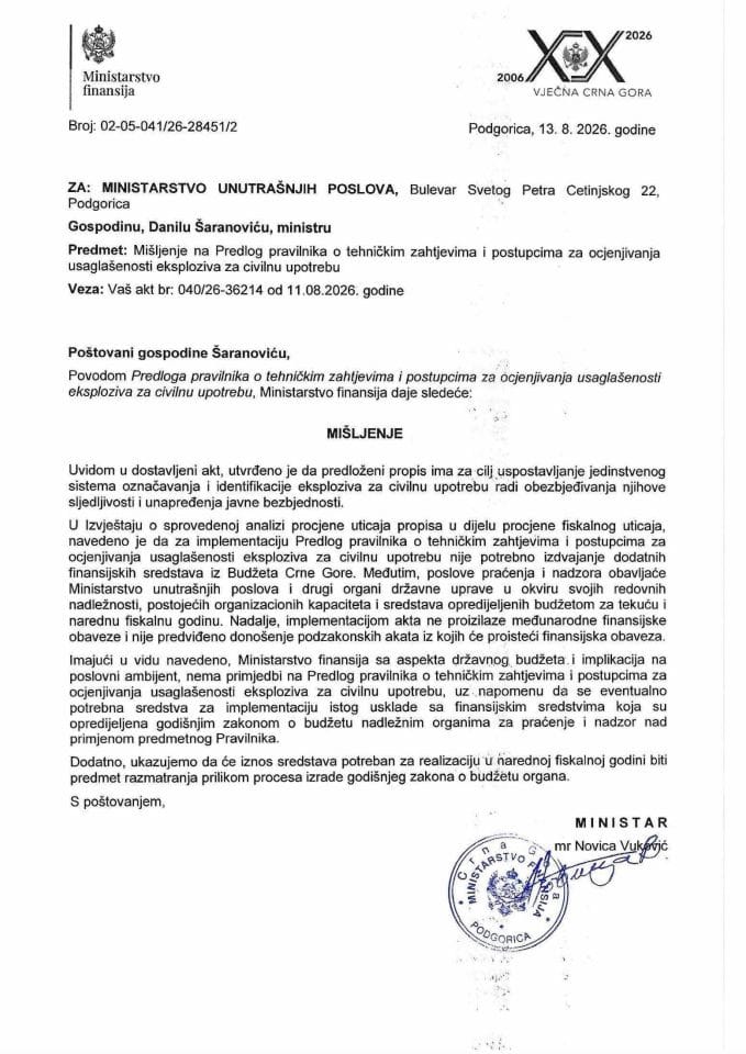 Mišljenje na Predlog pravilnika o tehničkim zahtjevima i postupcima za ocjenjivanja usaglašenosti eksploziva za civilnu upotrebu