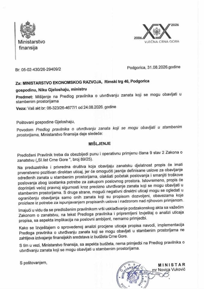 Mišljenje na Predlog pravilnika o utvrđivanju zanata koji se mogu obavljati u stambenim prostorijama