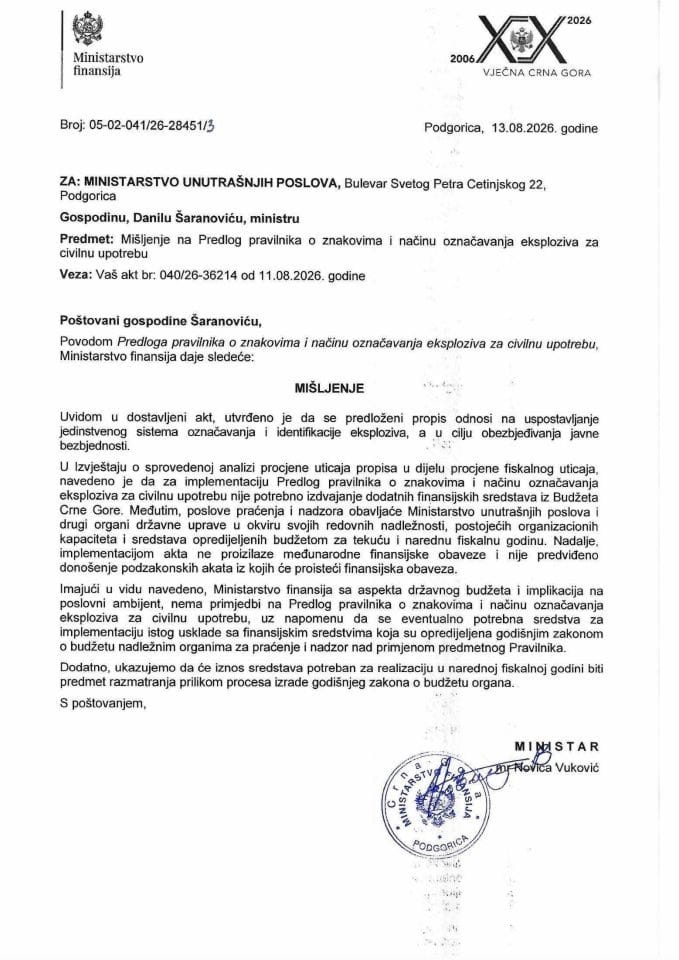 Mišljenje na Predlog pravilnika o znakovima i načinu označavanja eksploziva za civilnu upotrebu