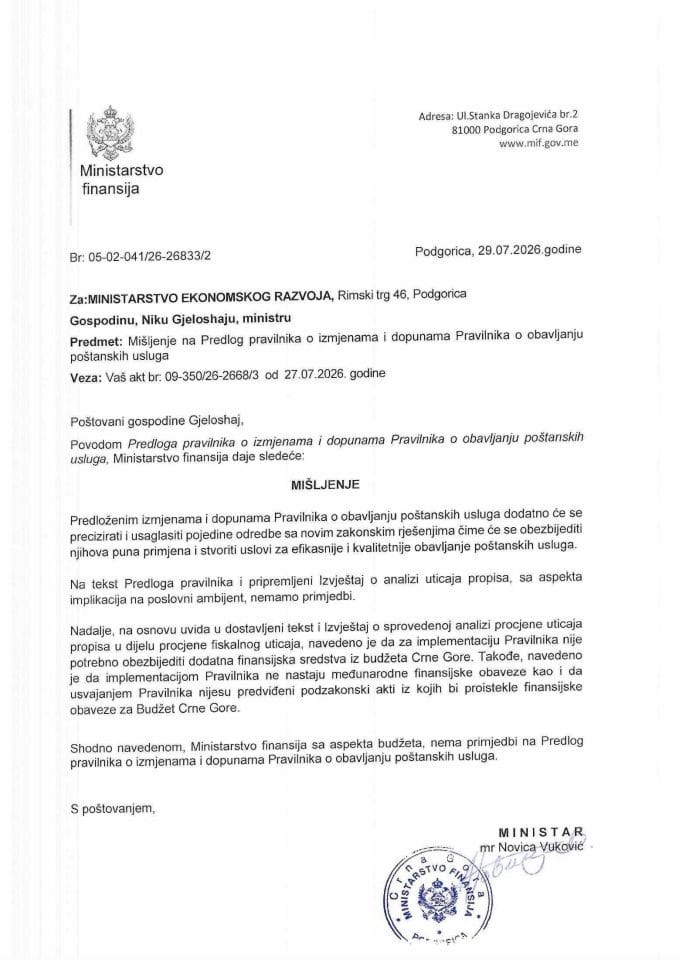 Mišljenje na Predlog pravilnika o izmjenama i dopunama Pravilnika o obavljanju poštanskih usluga