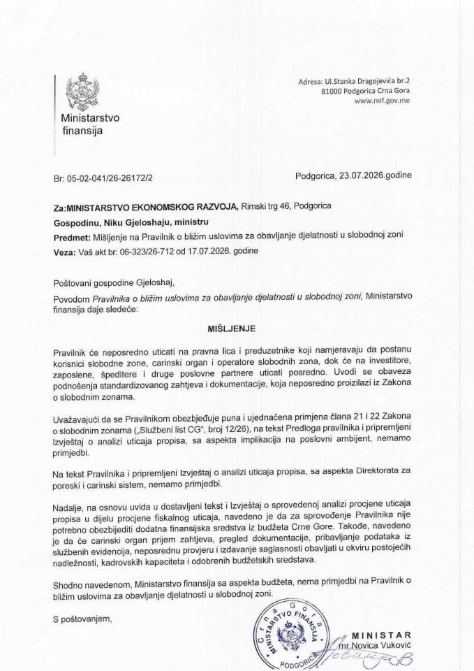 Mišljenje na Pravilnik o bližim uslovima za obavljanje djelatnosti u slobodnoj zoni