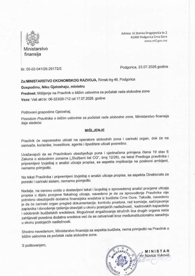 Mišljenje na Predlog pravilnika o bližim uslovima za početak rada slobodne zone