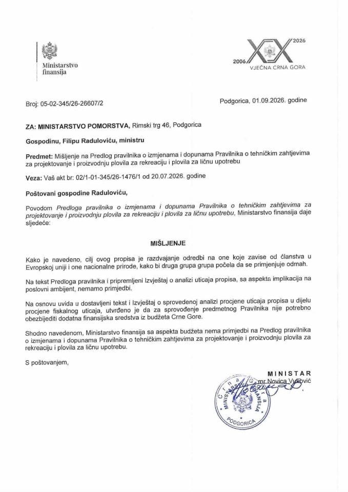 Mišljenje na Predlog pravilnika o izmjenama i dopunama Pravilnika o tehničkim zahtjevima za projektovanje i proizvodnju plovila za rekreaciju i plovila za ličnu upotrebu