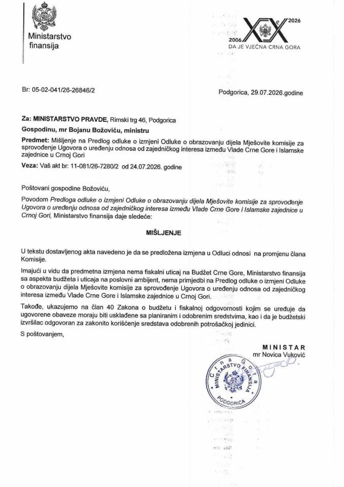 Mišljenje na Predlog odluke o izmjeni Odluke o obrazovanju dijela Mješovite komisije za sprovođenje Ugovora o uređenju odnosa od zajedničkog interesa između VCG