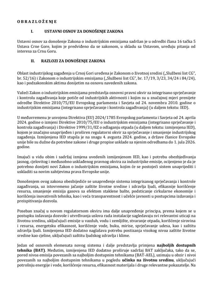 Obrazlozenje zakona o industrijskim emisijama