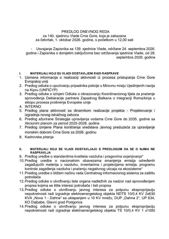 Predlog dnevnog reda za 140. sjednicu Vlade Crne Gore