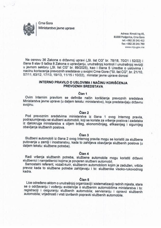 Interno Pravilo o uslovima i načinu korišćenja prevoznih sredstava avgust 2026