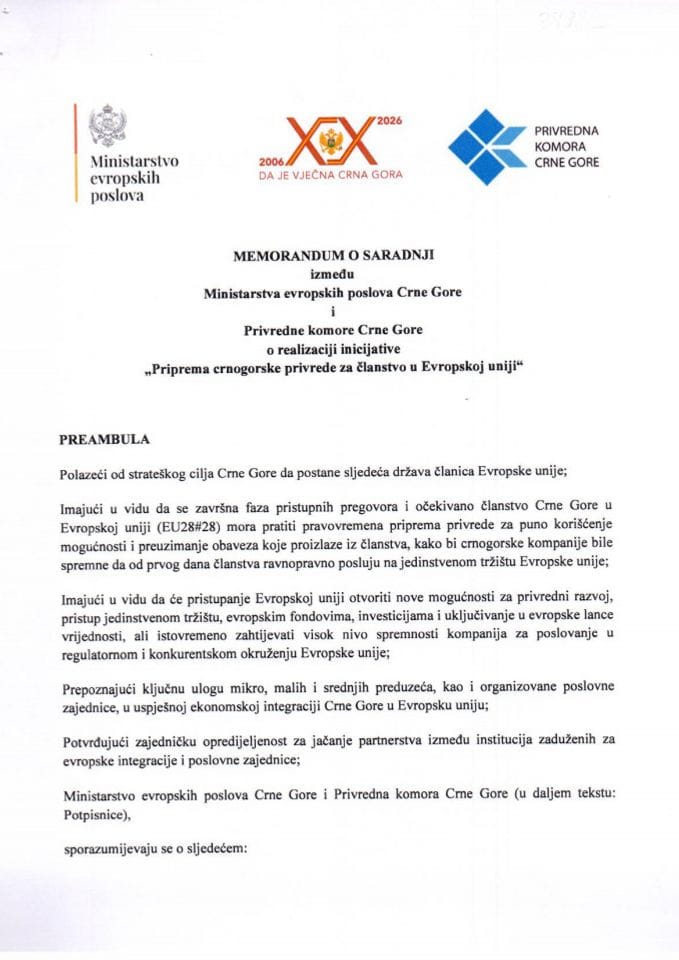 Memorandum o saradnji između Ministartsva evropskih poslova Crne Gore i Privredne komore Crne Gore