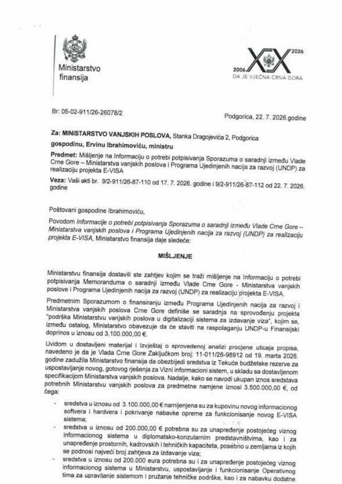Mišljenje na Informaciju o potrebi potpisivanja Sporazuma o saradnji između Vlade Crne Gore – Ministarstva vanjskih poslova i UNDP za realizaciju projekta E-VISA