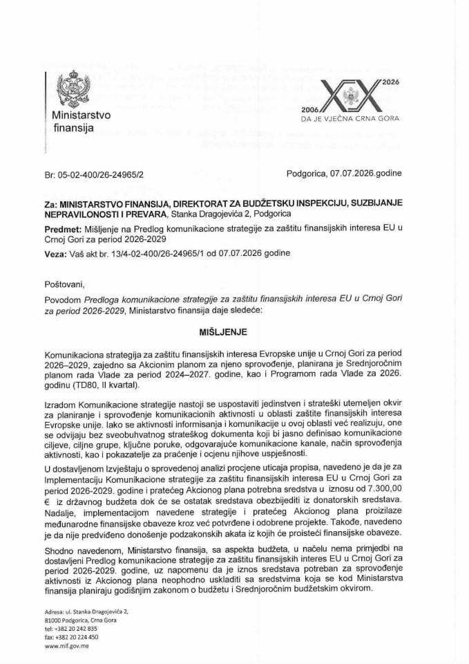 Mišljenje na Predlog komunikacione strategije za zaštitu finansijskih interesa EU u Crnoj Gori za period 2026-2029