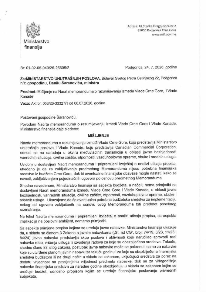 Mišljenje na Nacrt memoranduma o razumijevanju između Vlade Crne Gore i Vlade Kanade