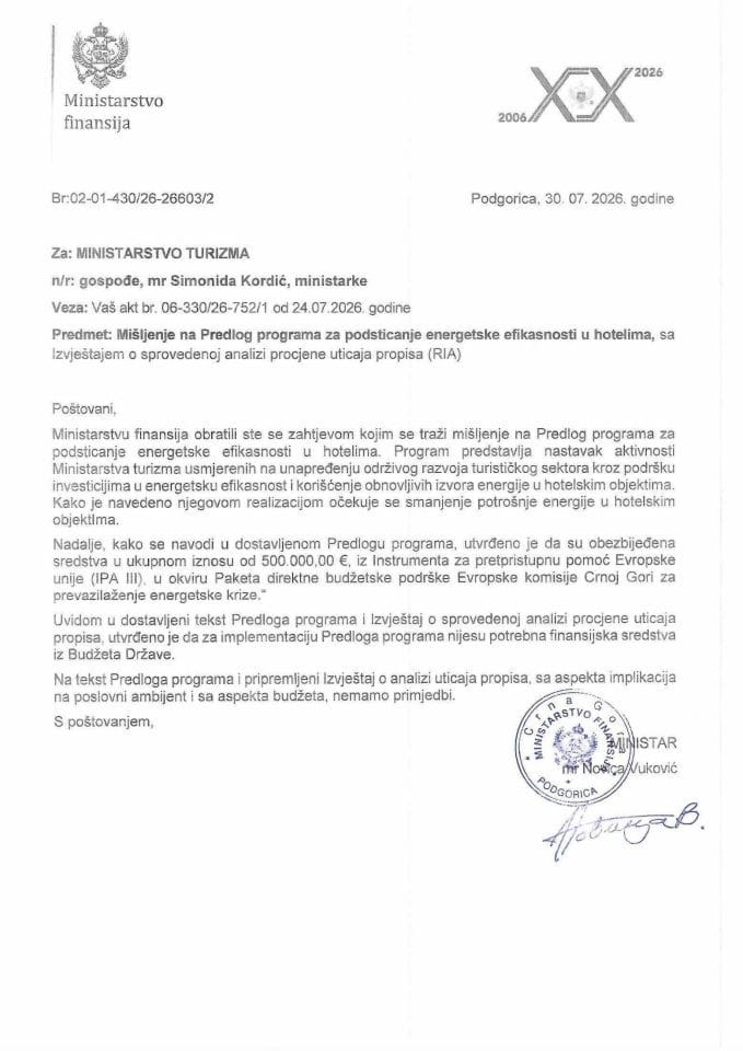 Mišljenje na Predlog programa za podsticanje energetske efikasnosti