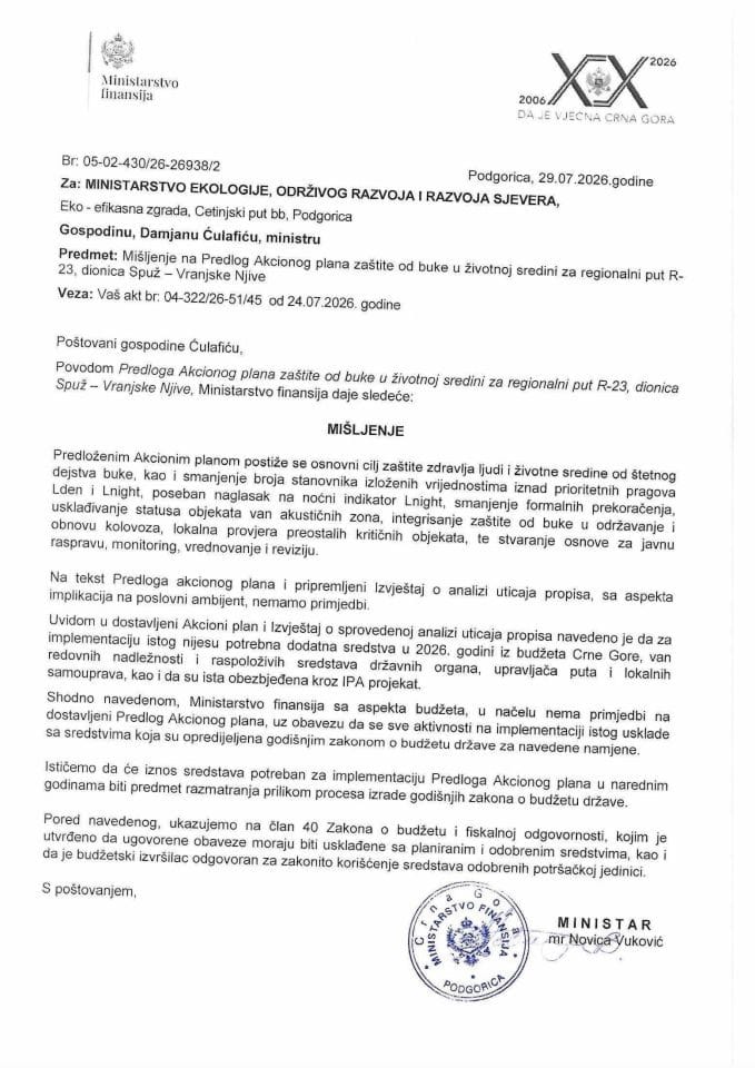 Mišljenje na Predlog akcionog plana zaštite od buke u životnoj sredini za regionalni put R-23, dionica Spuž-Vranjske Njive