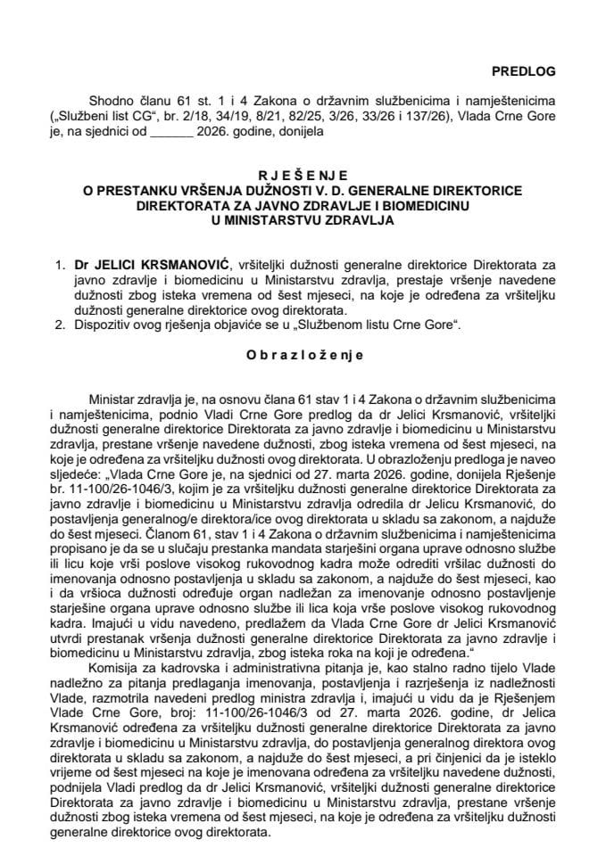 Predlog za prestanak vršenja dužnosti v. d. generalne direktorice Direktorata za javno zdravlje i biomedicinu u Ministarstvu zdravlja