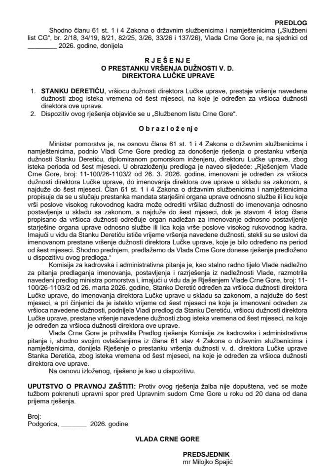 Predlog za prestanak vršenja dužnosti v. d. direktora Lučke uprave