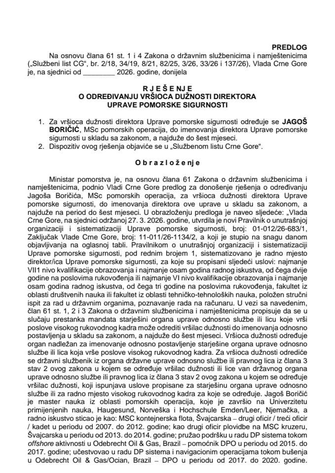 Predlog za određivanje vršioca dužnosti direktora Uprave pomorske sigurnosti
