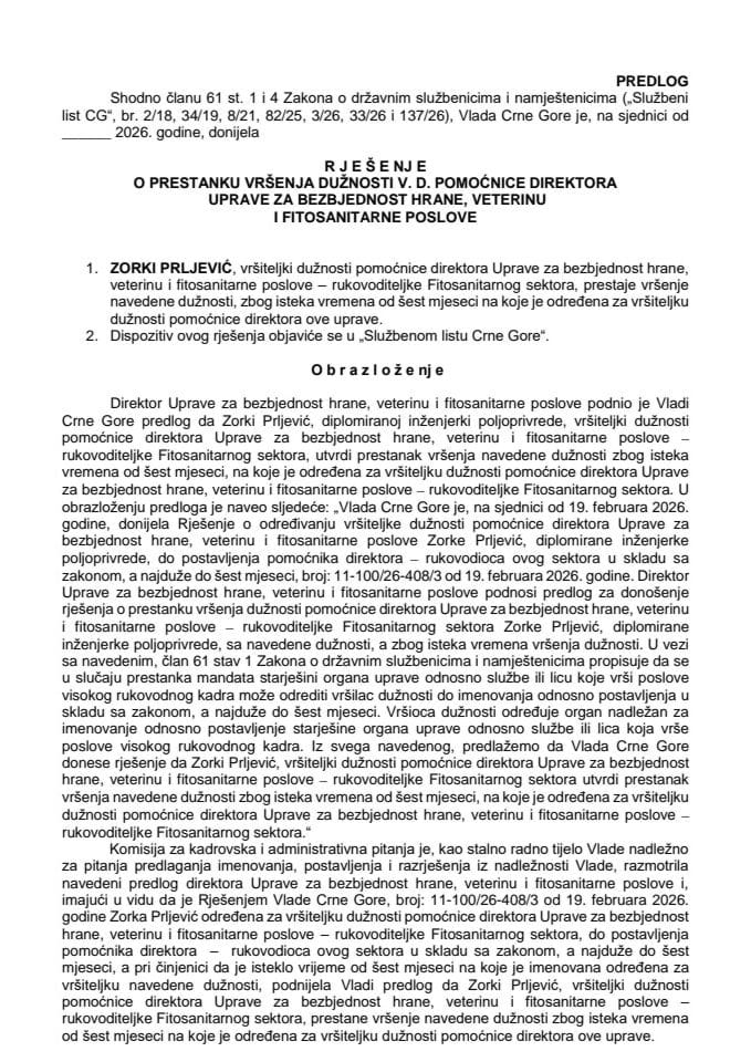 Predlog za prestanak vršenja dužnosti v. d. pomoćnice direktora Uprave za bezbjednost hrane, veterinu i fitosanitarne poslove