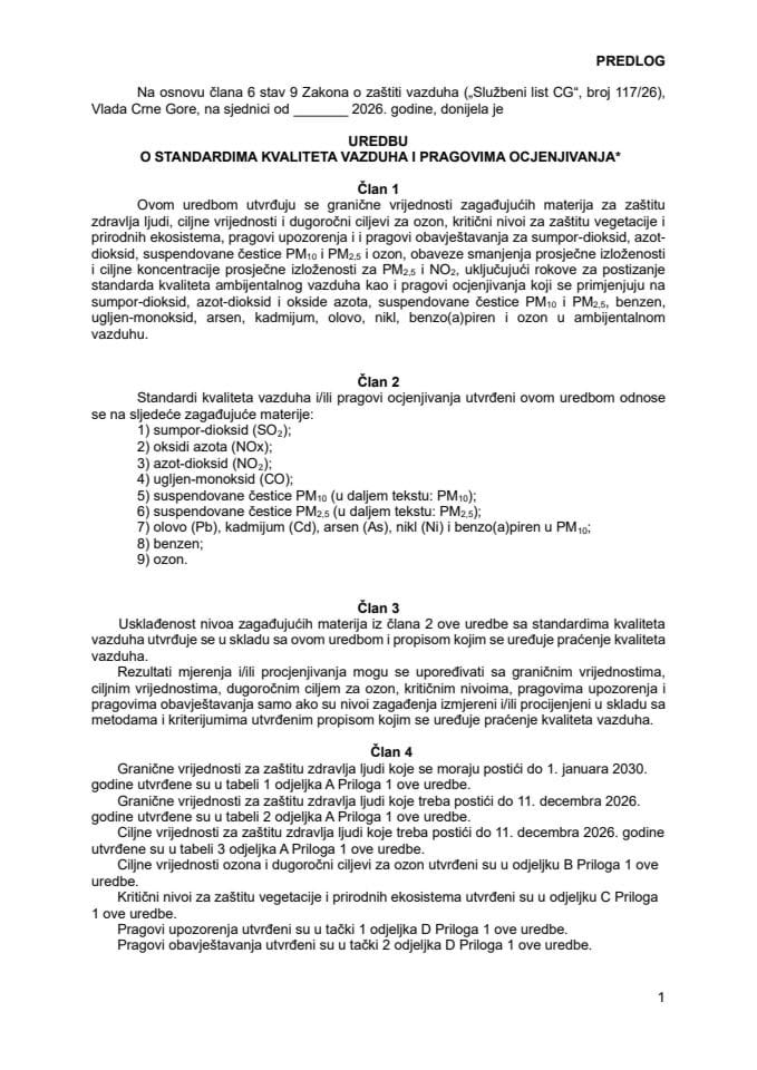 Predlog uredbe o standardima kvaliteta vazduha i pragovima ocjenjivanja*