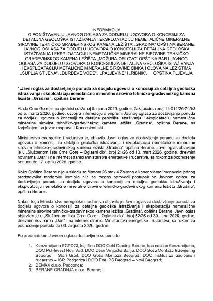 Informacija o poništavanju javnog oglasa za dostavljanje ponuda za dodjelu ugovora o koncesiji za detaljna geološka istraživanja i eksploataciju nemetalične mineralne sirovine tehničko-građevinskog kamena ležišta „Gradina“, opština Berane...