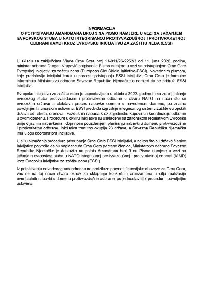 Informacija o potpisivanju Amandmana broj 9 na Pismo namjere u vezi sa jačanjem evropskog stuba u NATO integrisanoj protivvazdušnoj i protivraketnoj odbrani (IAMD) kroz Evropsku inicijativu za zaštitu neba (ESSI)