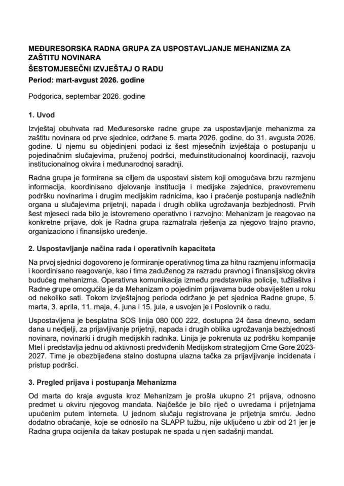 Šestomjesečni izvještaj o radu Međuresorske radne gupe za uspostavljanje mehanizma za zaštitu novinara, za period mart – avgust 2026. godine