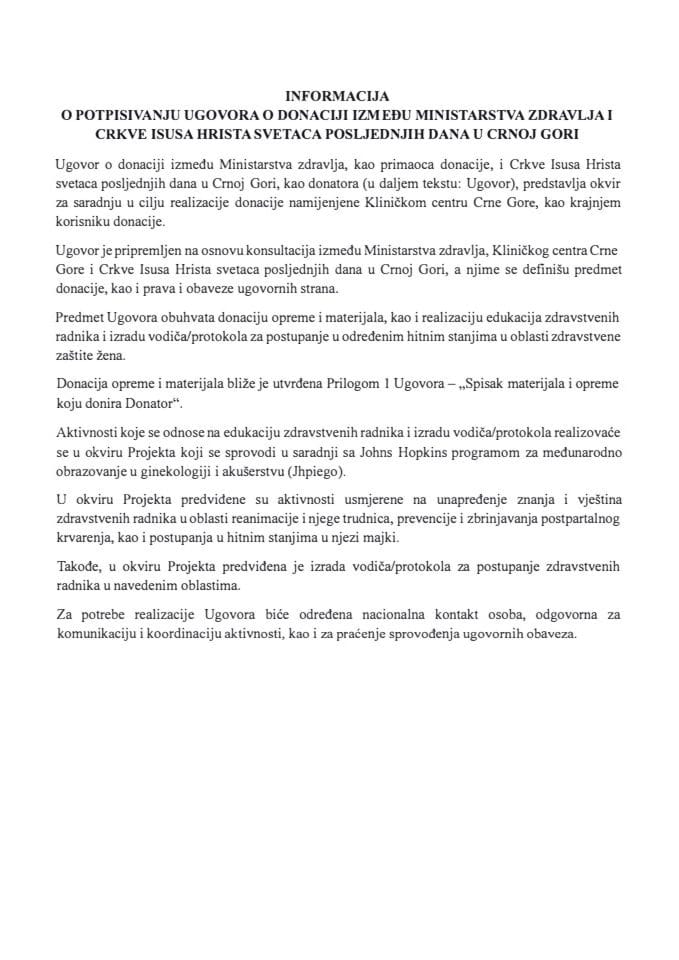 Informacija o potpisivanju Ugovora o donaciji između Ministarstva zdravlja i Crkve Isusa Hrista svetaca posljednjih dana u Crnoj Gori s Predlogom ugovora