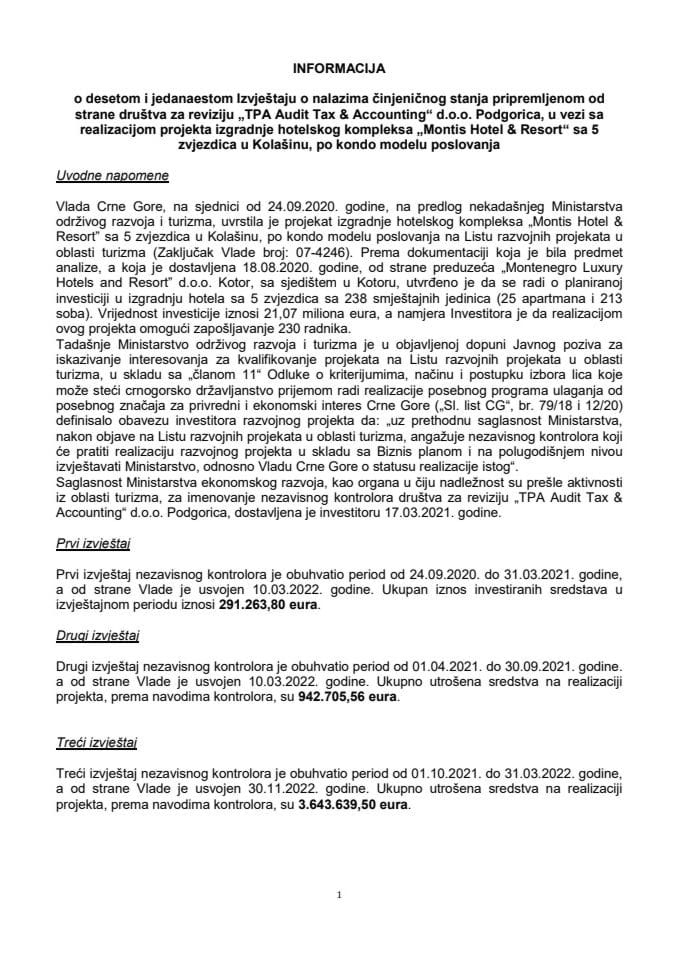Informacija o desetom i jedanaestom Izvještaju o nalazima činjeničnog stanja pripremljenom od strane društva za reviziju „TPA Audit Tax & Accounting“ d.o.o. Podgorica
