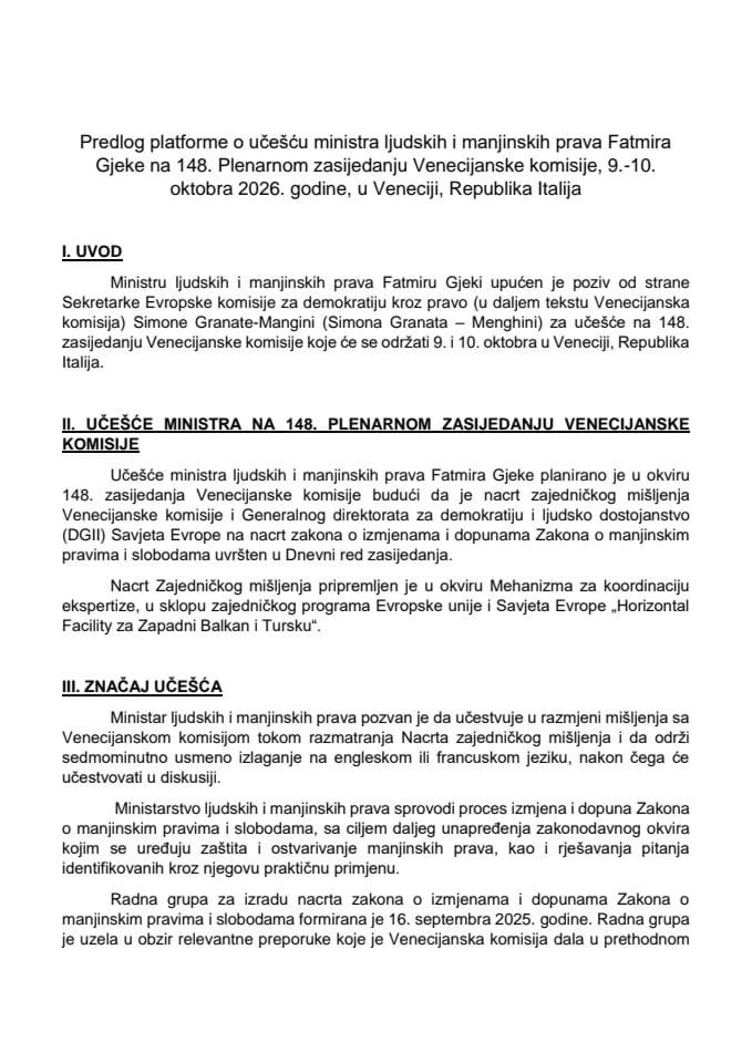 Predlog platforme o učešću ministra ljudskih i manjinskih prava Fatmira Gjeke na 148. Plenarnom zasijedanju Venecijanske komisije, 9-10. oktobra 2026. godine, u Veneciji, Republika Italija