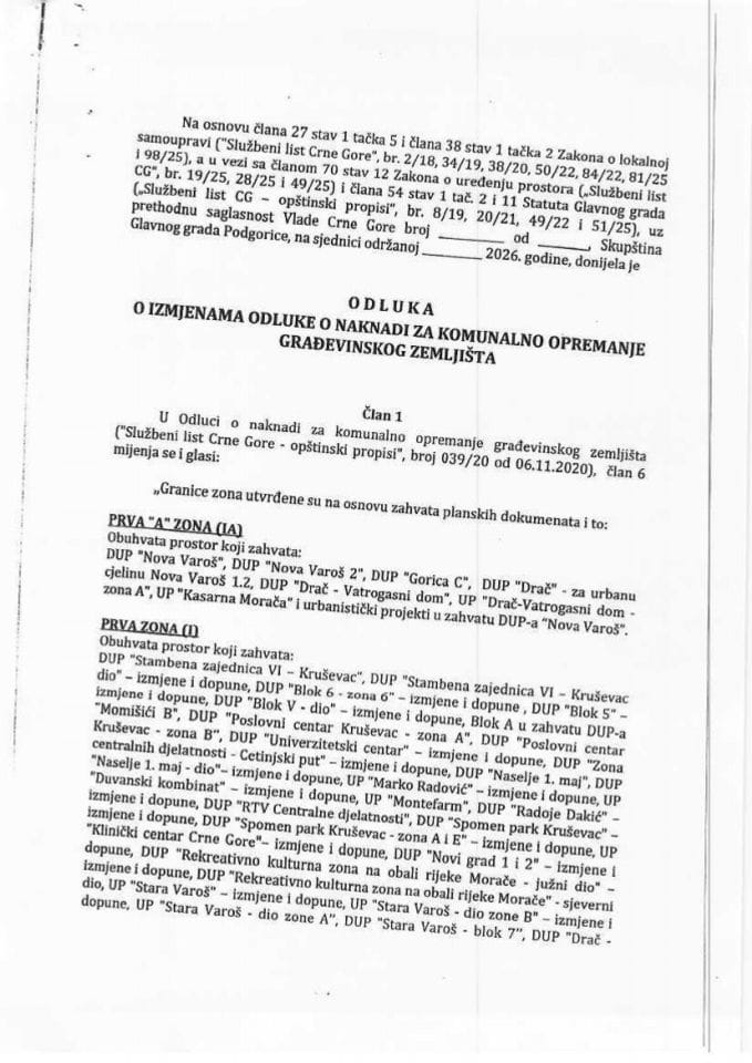 Predlog odluke o izmjenаma Odluke o naknadi za komunalno opremanje građevinskog zemljišta Glavnog grada Podgorice