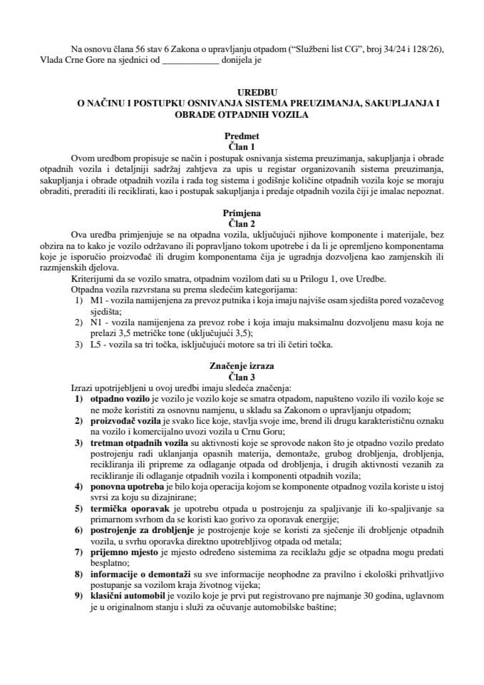Predlog uredbu o načinu i postupku osnivanja sistema preuzimanja, sakupljanja i obrade otpadnih vozila
