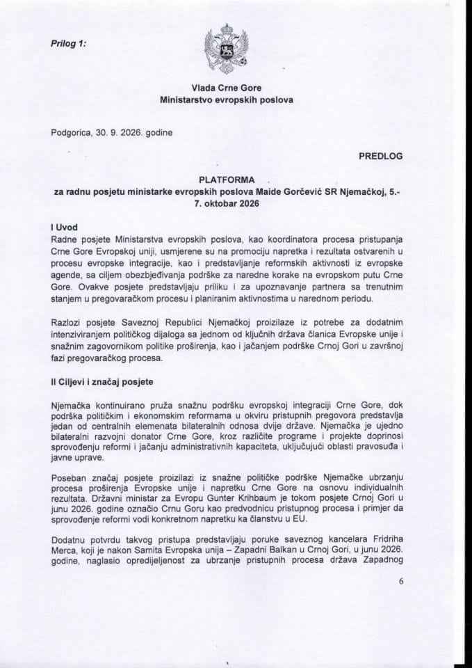 Predlog platforme za radnu posjetu ministarke evropskih poslova Maide Gorčević SR Njemačkoj, 5-7. oktobar 2026. godine