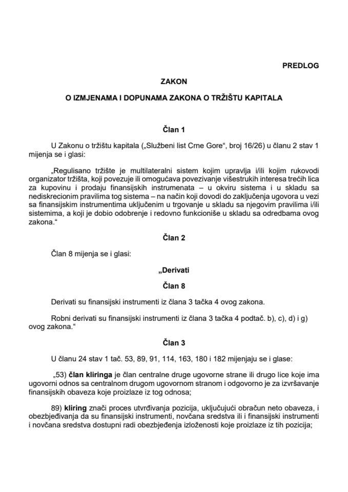 Predlog zakona o izmjenama i dopunama Zakona o tržištu kapitala