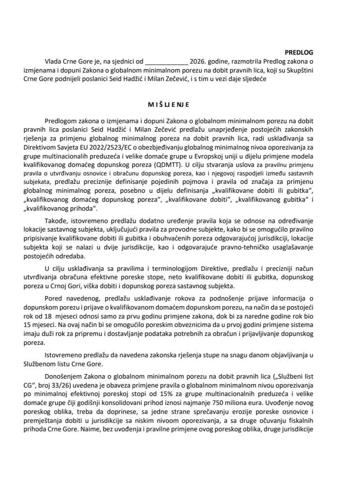 Predlog mišljenja na Predlog zakona o izmjenama i dopuni Zakona o globalnom minimalnom porezu na dobit pravnih lica (predlagači poslanici Seid Hadžić i Milan Zečević)