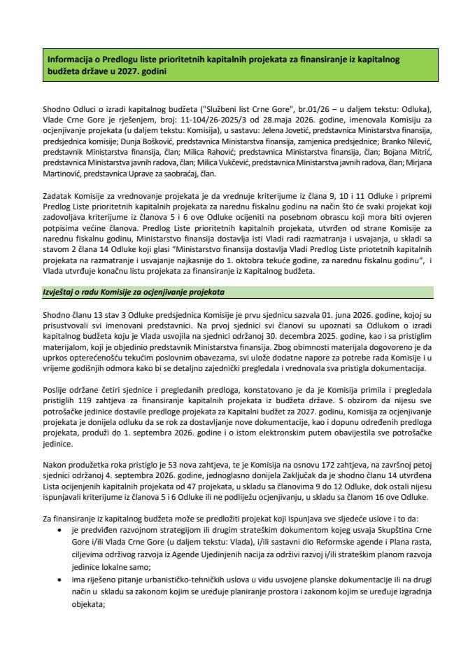 Informacija o Predlogu liste prioritetnih kapitalnih projekata za finansiranje iz kapitalnog budžeta države u 2027. godini