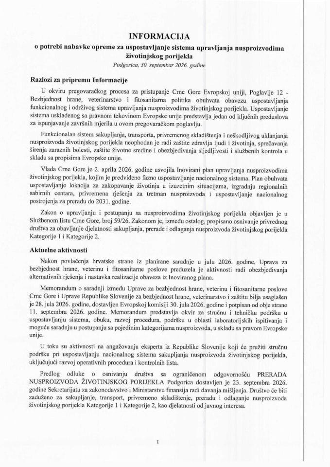 Informacija o potrebi nabavke opreme za uspostavljanje sistema upravljanja nusproizvodima životinjskog porijekla