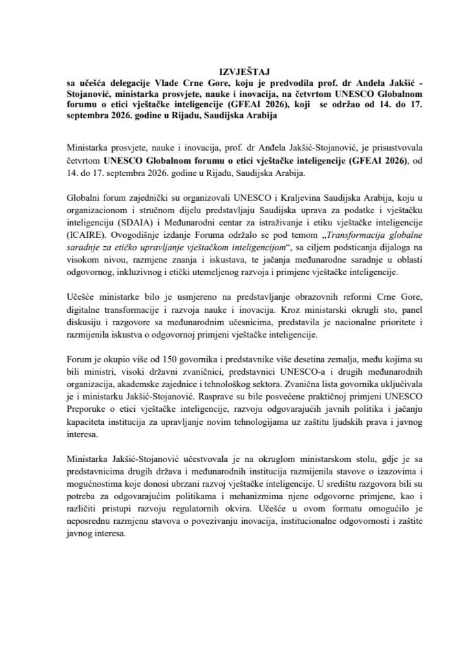 Izvještaj sa učešća delegacije Vlade Crne Gore, koju je predvodila prof. dr Anđela Jakšić- Stojanović, ministarka prosvjete, nauke i inovacija, na četvrtom UNESCO Globalnom forumu o etici vještačke inteligencije