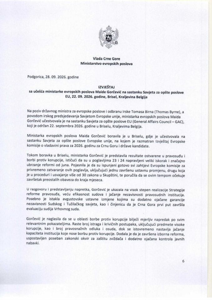 Izvještaj sa učešća ministarke evropskih poslova Maide Gorčević na sastanku Savjeta za opšte poslove EU, 22. 09. 2026. godine, Brisel, Kraljevina Belgija