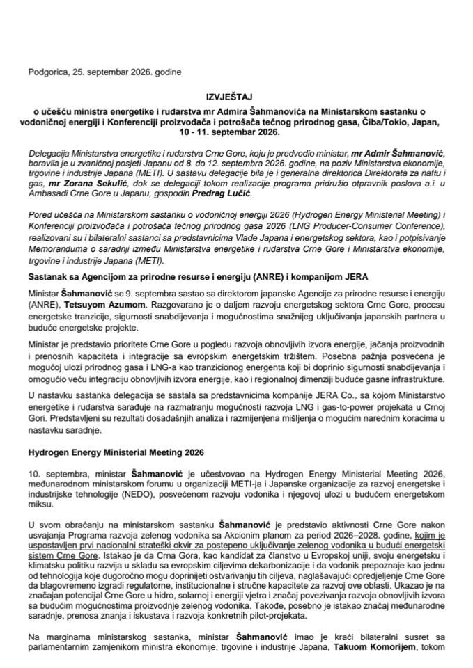Izvještaj o učešću ministra energetike i rudarstva mr Admira Šahmanovića na Ministarskom sastanku o vodoničnoj energiji i Konferenciji proizvođača i potrošača tečnog prirodnog gasa, Čiba/Tokio, Japan, 10 - 11. septembar 2026. godine